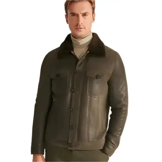 Men's Green Sheepskin Shearling Leather Trucker Aviator Jacket