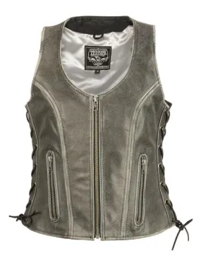 Milwaukee Leather MLL4531 Brown Women's Open Neck Side Lace Front Zipper Leather Vest