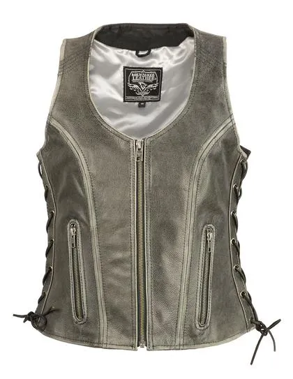 Milwaukee Leather MLL4531 Brown Women's Open Neck Side Lace Front Zipper Leather Vest