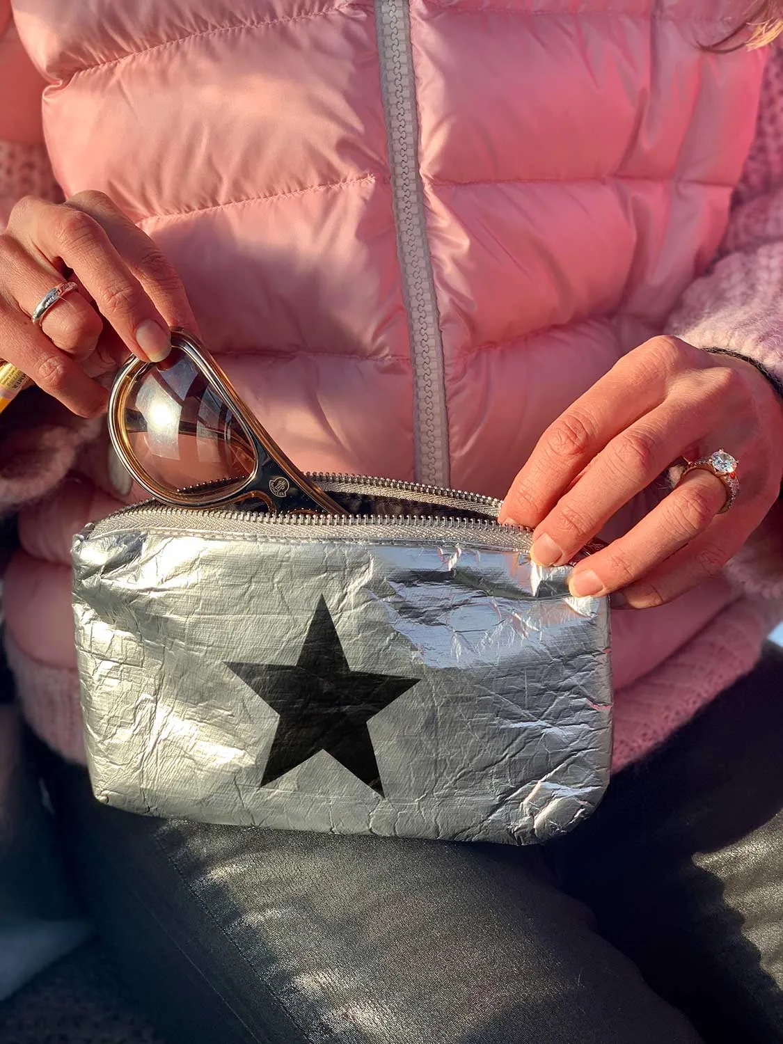 Mini Padded Zipper Pack in Metallic Silver with Black Star