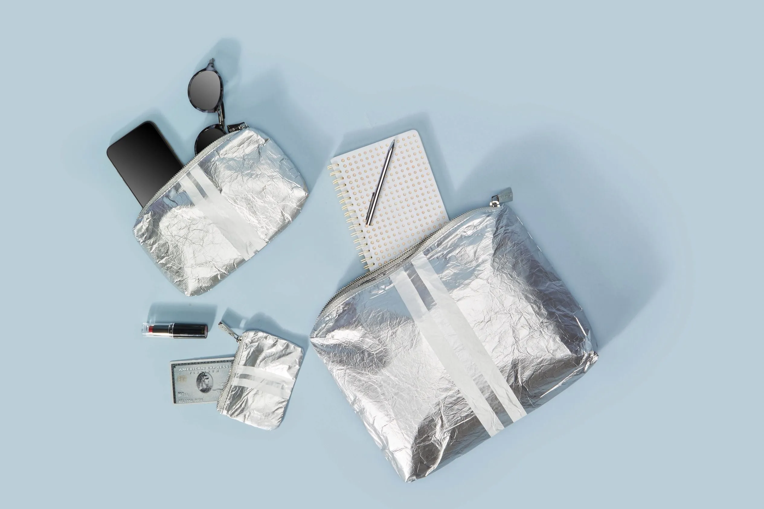 Mini Padded Zipper Pack in Silver with Shimmer White Stripes