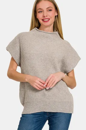 Minimalist Short Sleeve Mock Neck Sweater Top in Mocha