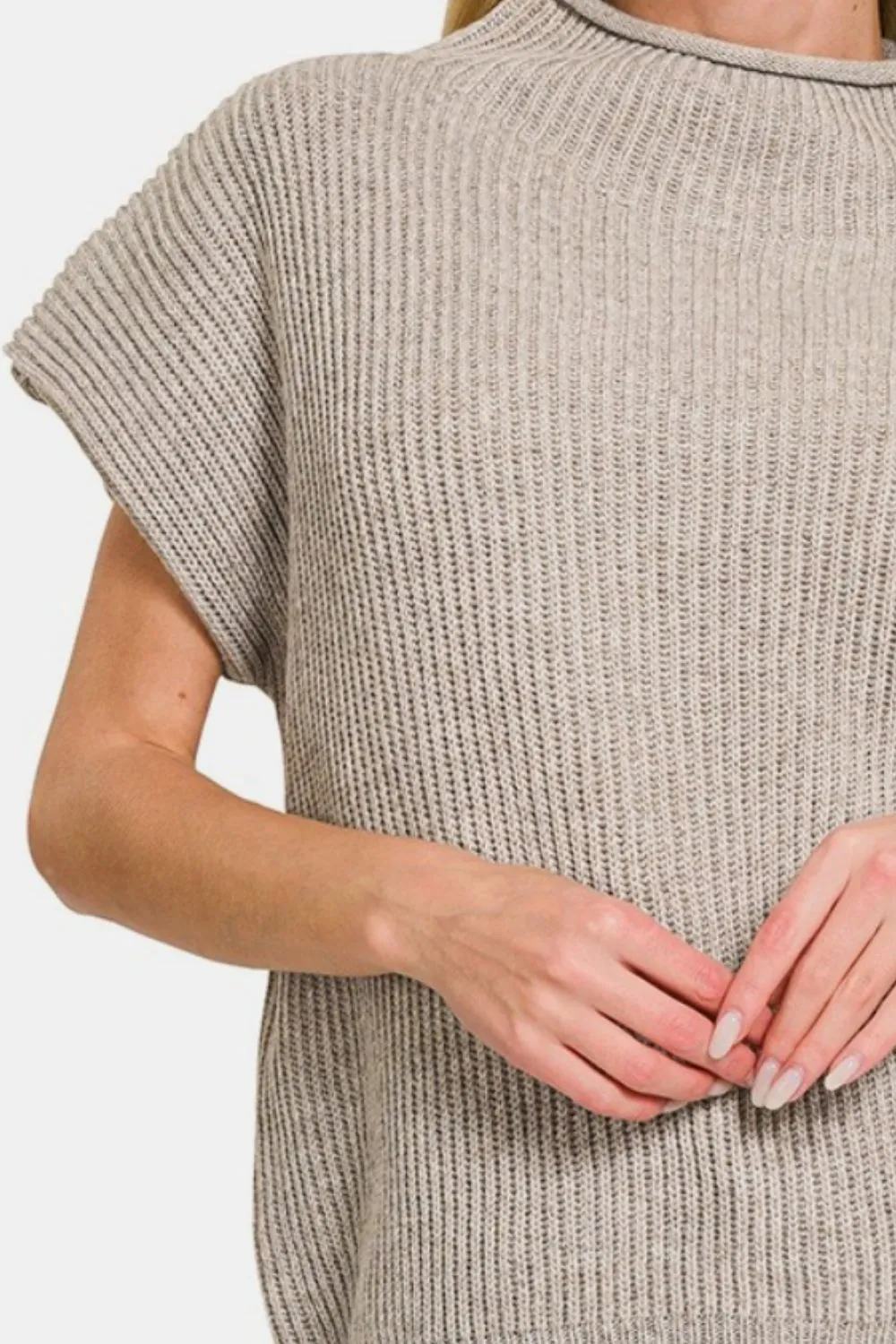 Minimalist Short Sleeve Mock Neck Sweater Top in Mocha