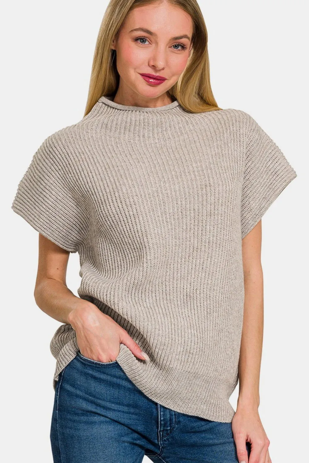 Minimalist Short Sleeve Mock Neck Sweater Top in Mocha