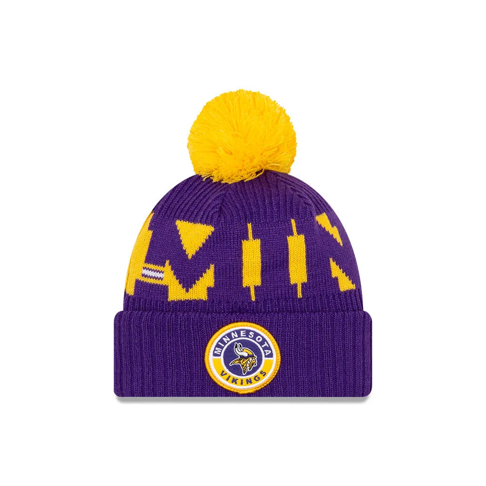 Minnesota Vikings New Era Purple/Gold 2020 NFL Sideline - Official Sport Pom Cuffed Knit Toque