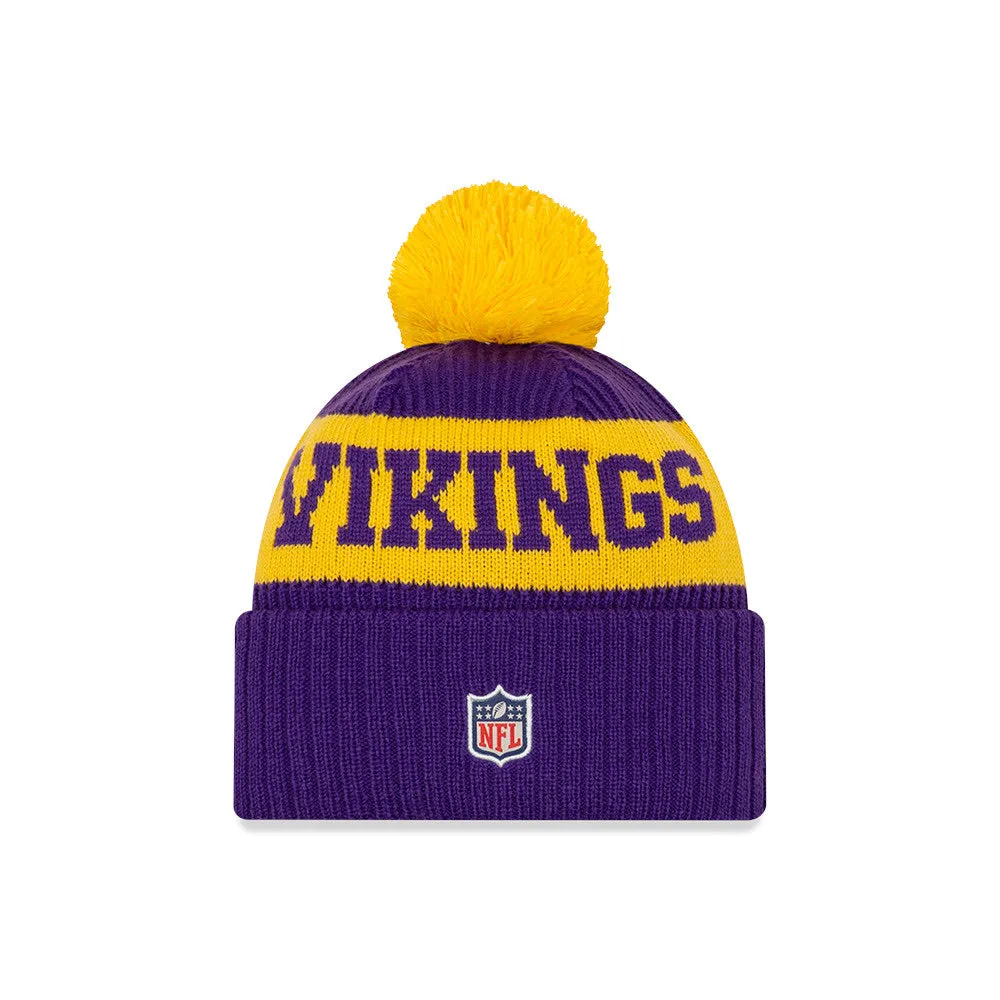 Minnesota Vikings New Era Purple/Gold 2020 NFL Sideline - Official Sport Pom Cuffed Knit Toque