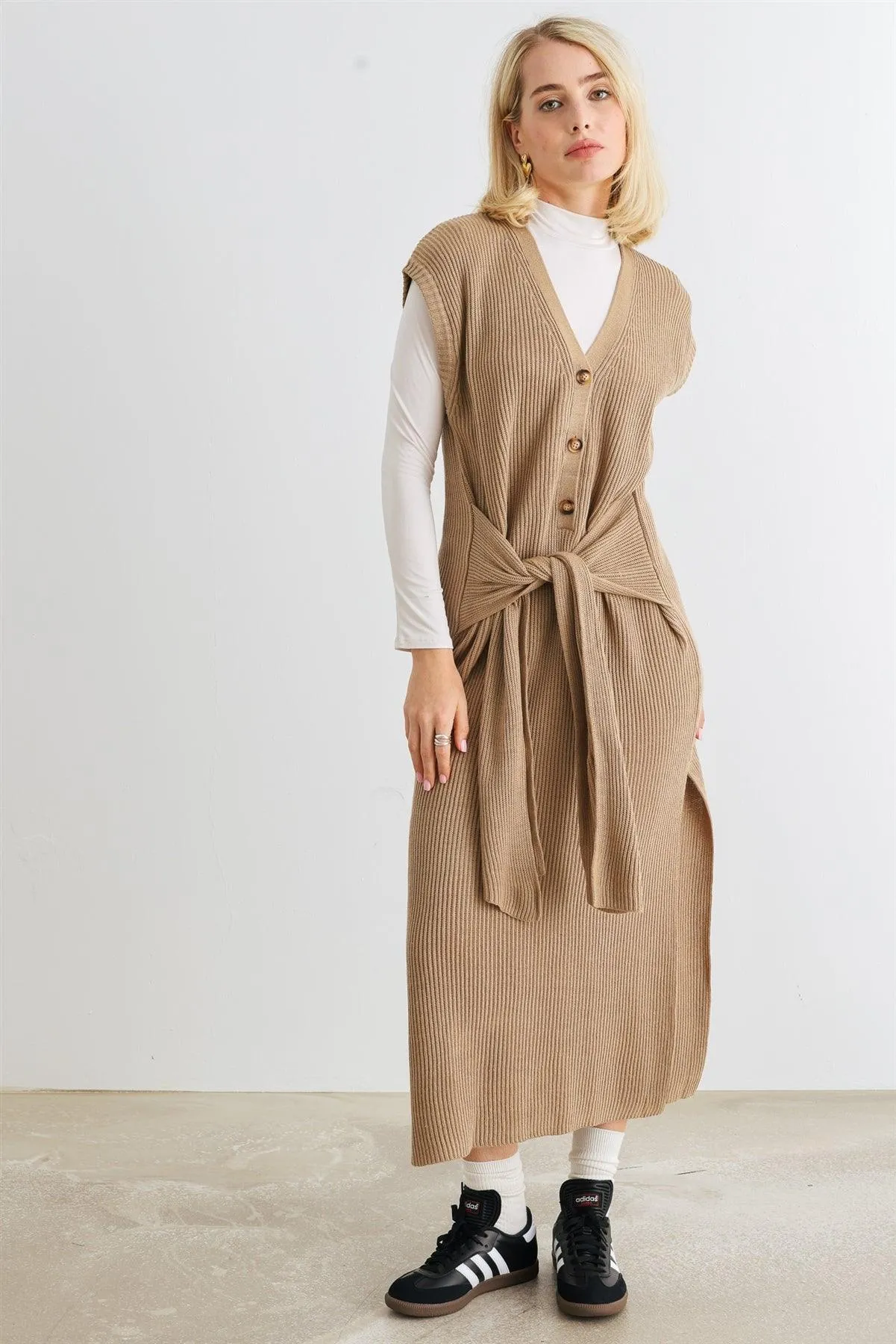 Mocha Knit Button-Up Sleeveless Belted Midi Sweater Dress /3-2-1
