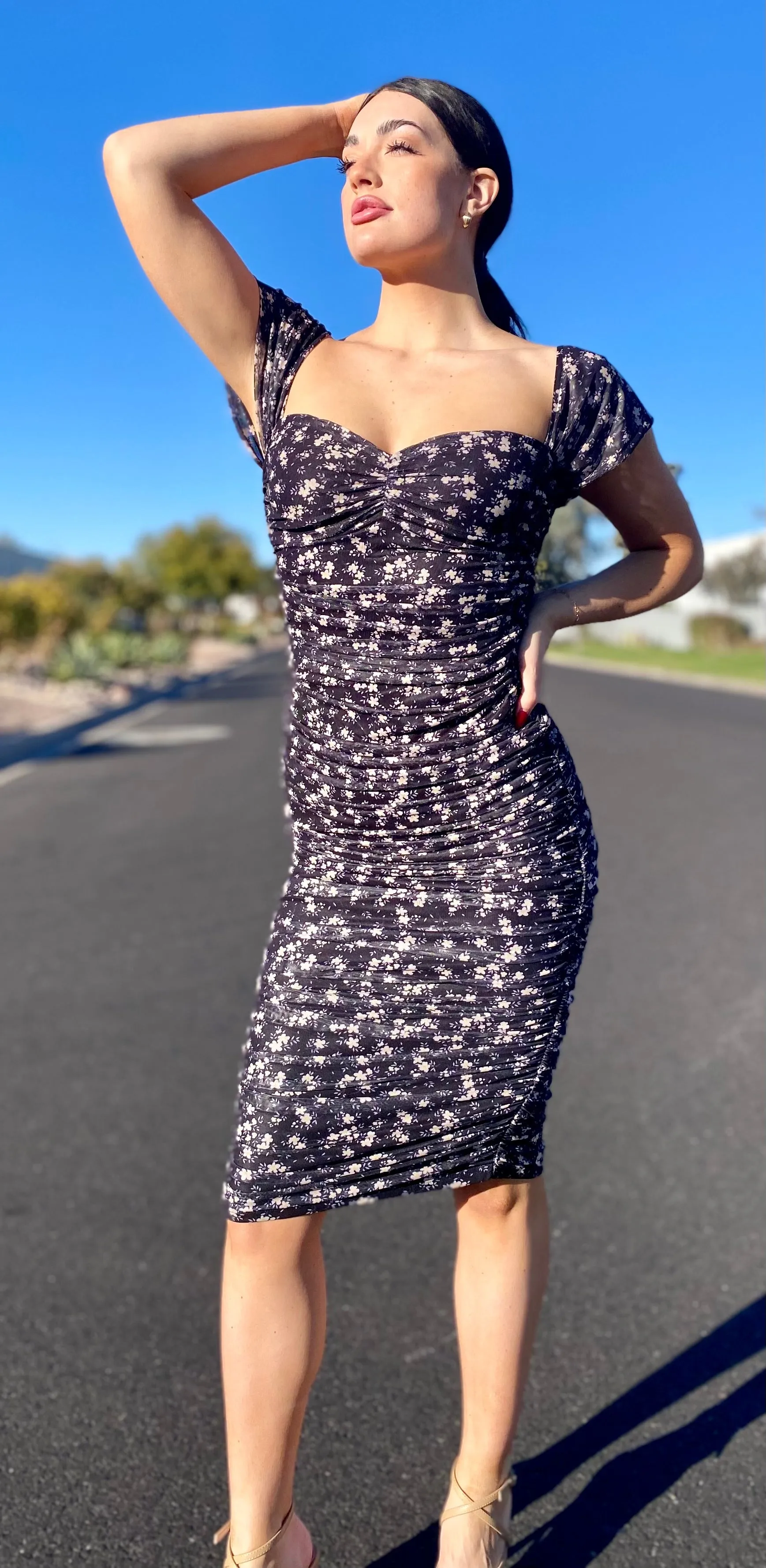 Navy Floral Off Shoulder Dress