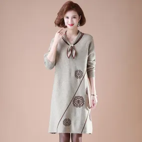 Neckerchief Collar Long Sleeve Knee Length A-line Floral Knit Dress