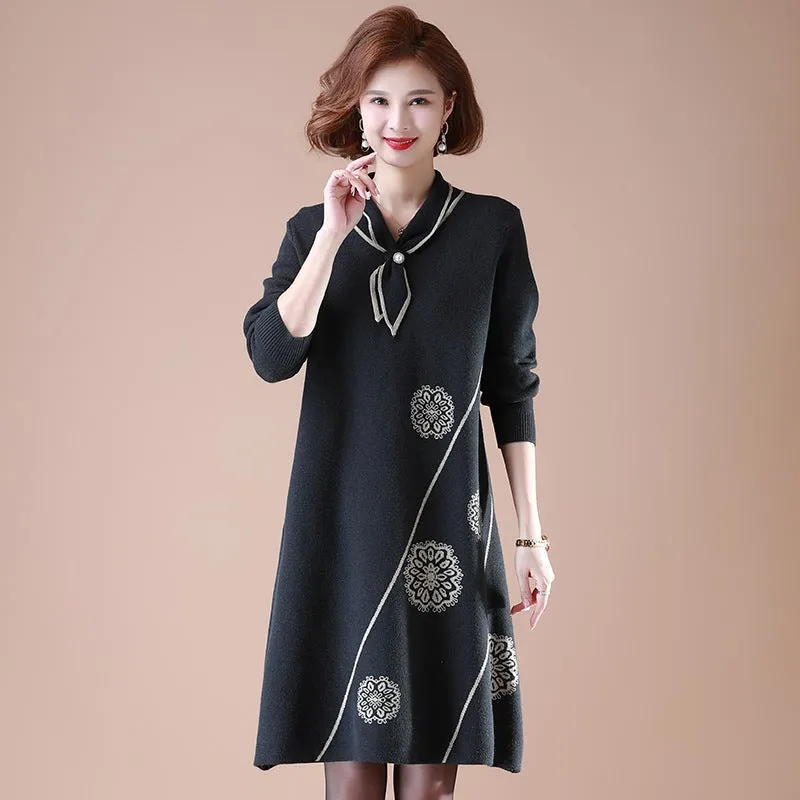Neckerchief Collar Long Sleeve Knee Length A-line Floral Knit Dress