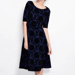 New Lands End Blue Black Velvet Flocked Floral Fit Flare Ponte Knit Midi Dress, Sz 1X! Very Flattering!