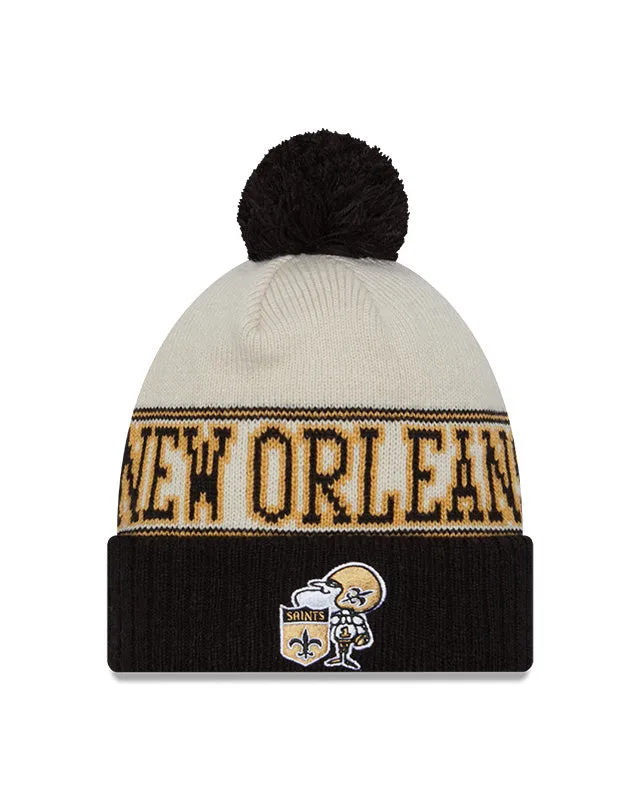 New Orleans Saints New Era 2023 Sideline Historic Pom Cuffed Knit Hat - Cream/Black