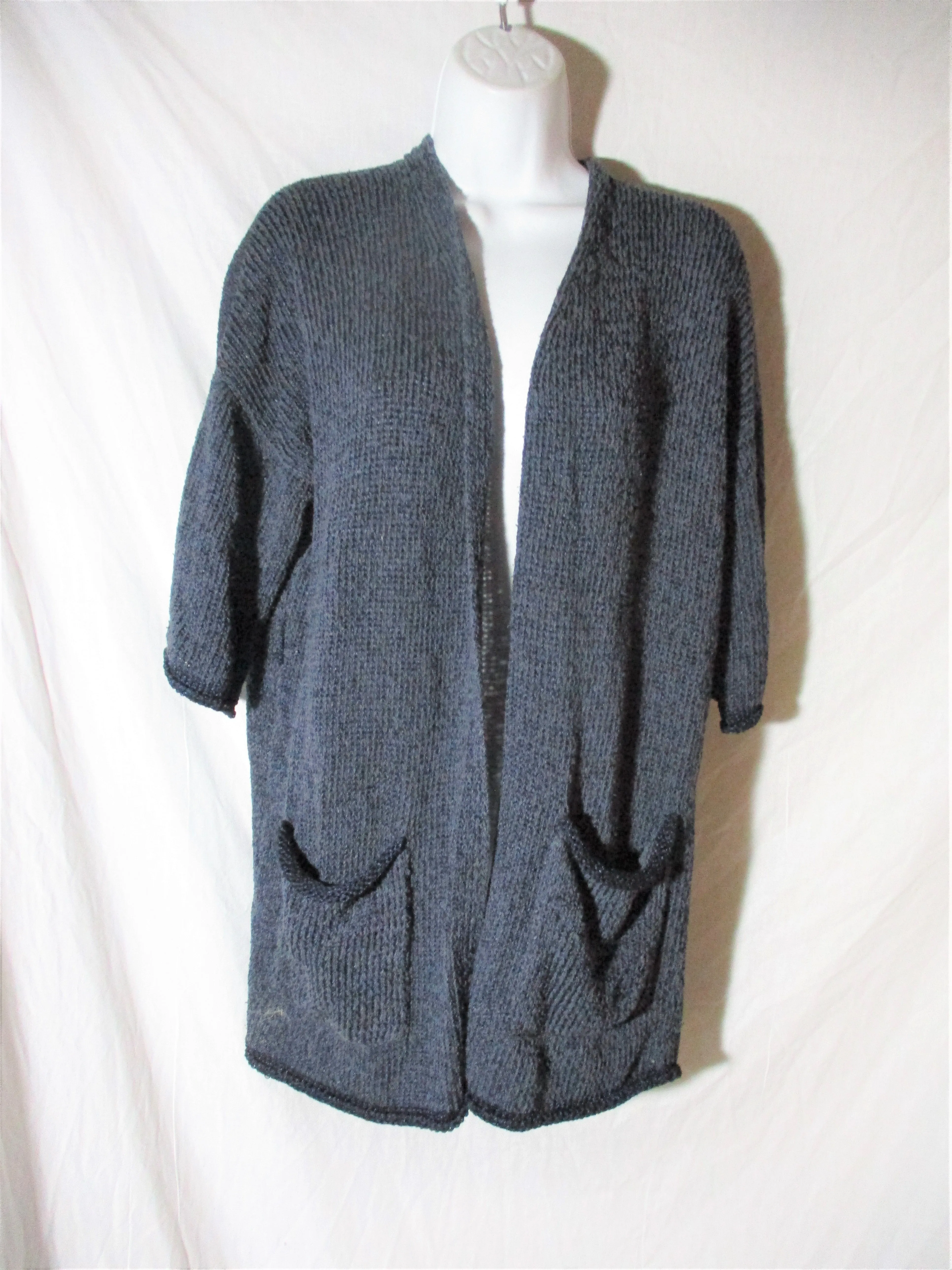 NEW POLES FRANCE Open Silk Wool Blend Knit Cardigan Sweater S Green Black Dark
