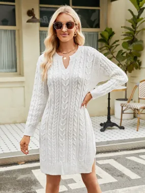 Notched Neck Cable-Knit Slit Sweater Dress | Acrylic Dress With Cuffed Sleeves
