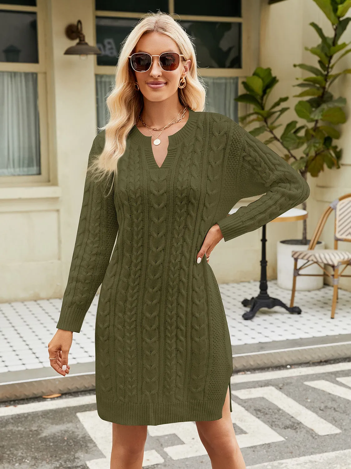 Notched Neck Cable-Knit Slit Sweater Dress | Acrylic Dress With Cuffed Sleeves