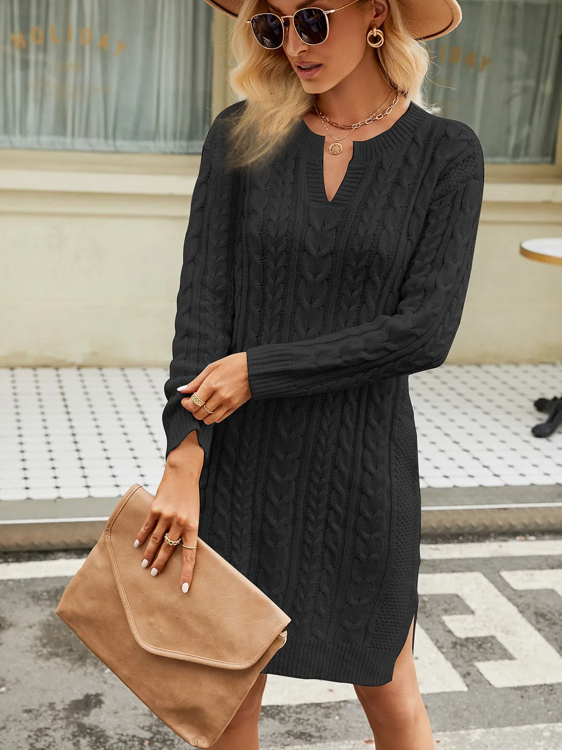 Notched Neck Cable-Knit Slit Sweater Dress | Acrylic Dress With Cuffed Sleeves
