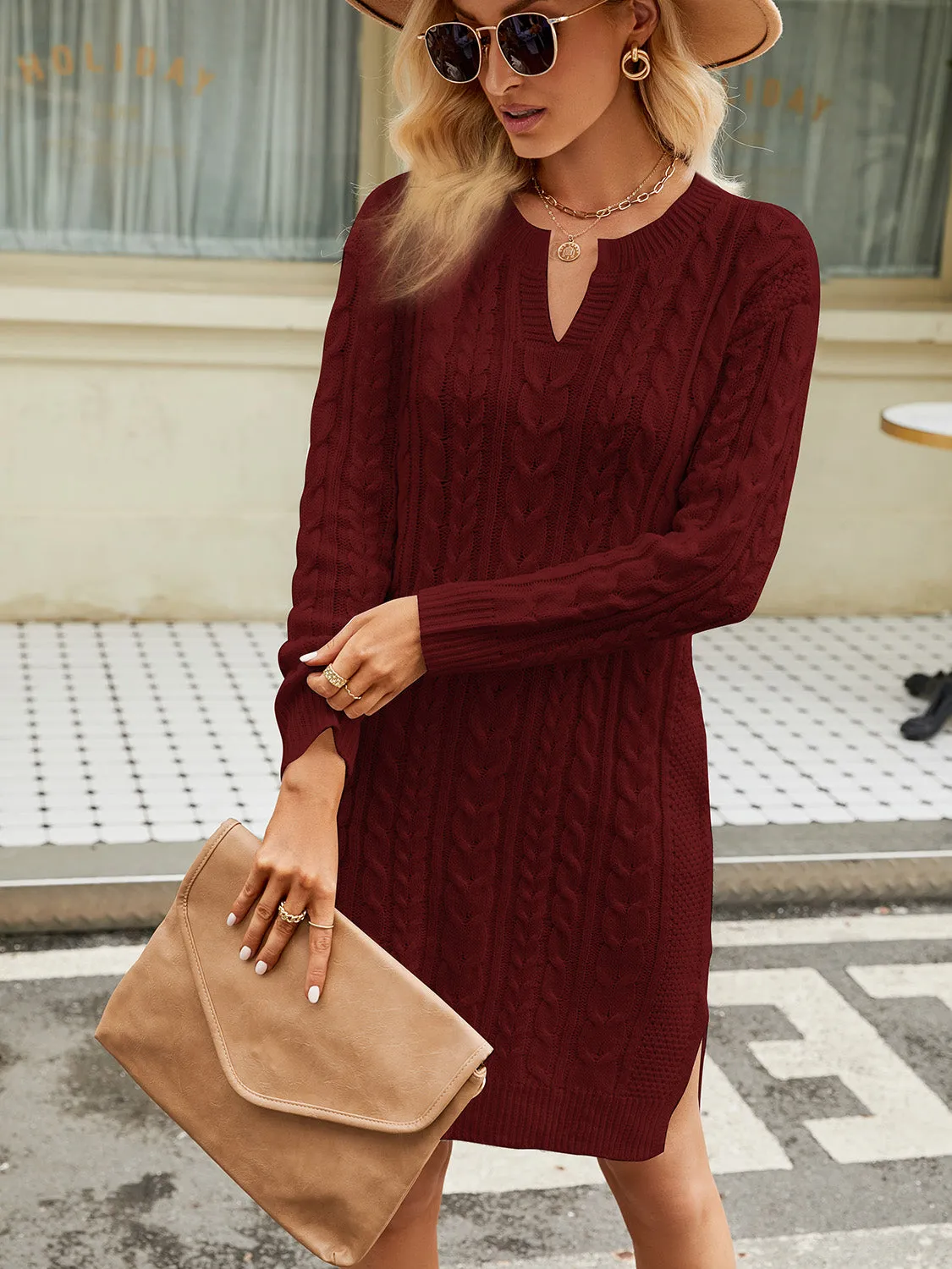 Notched Neck Cable-Knit Slit Sweater Dress | Acrylic Dress With Cuffed Sleeves