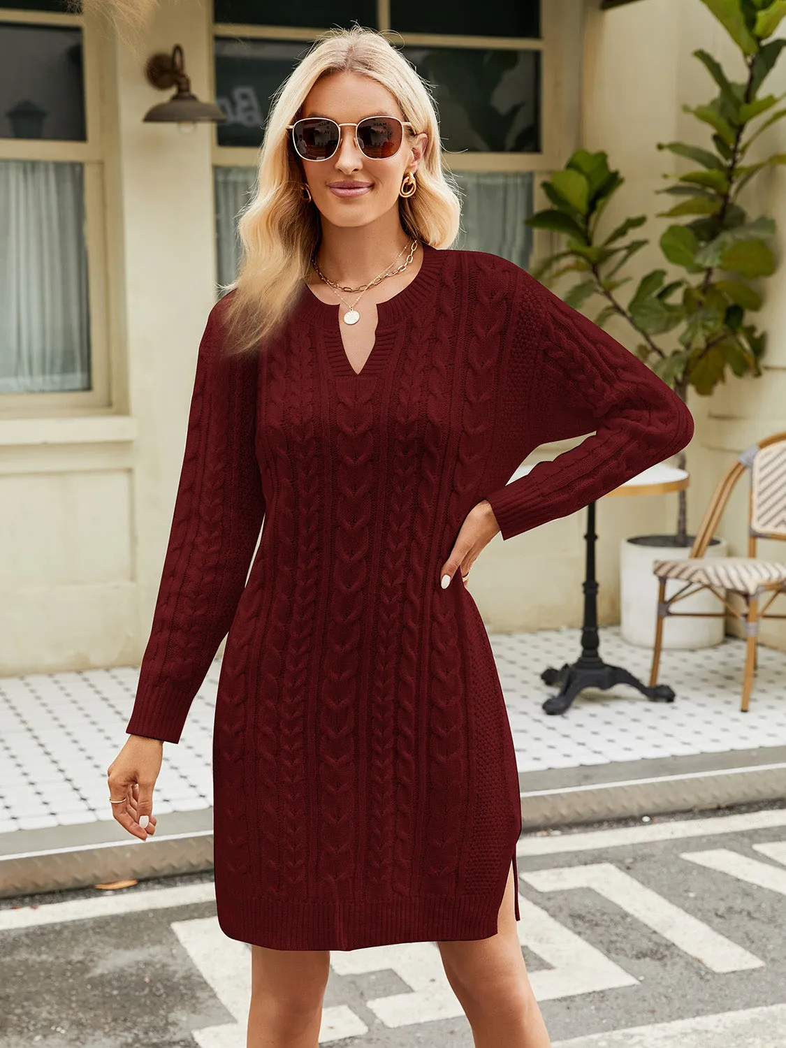 Notched Neck Cable-Knit Slit Sweater Dress | Acrylic Dress With Cuffed Sleeves