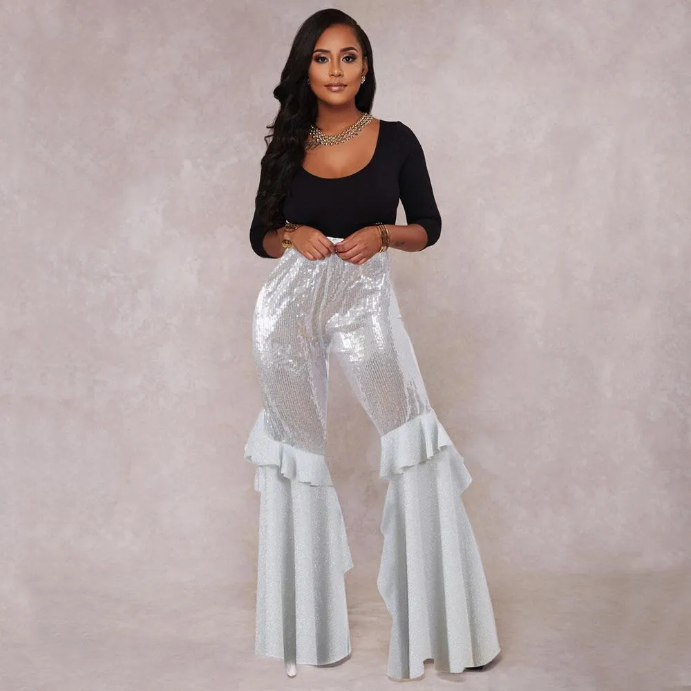 Party Flare High Elastic Waist Glitter Pants