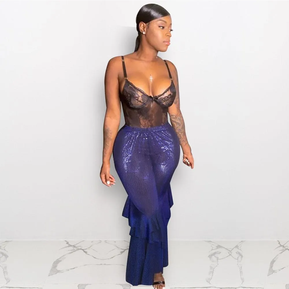 Party Flare High Elastic Waist Glitter Pants
