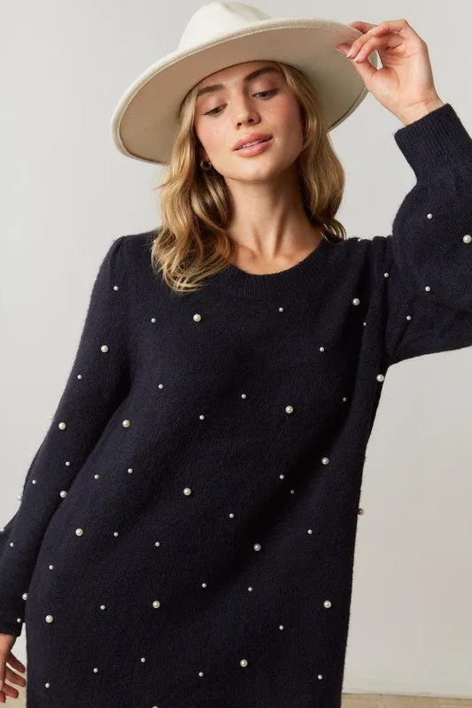 Pearl-fection Black Sweater Dress