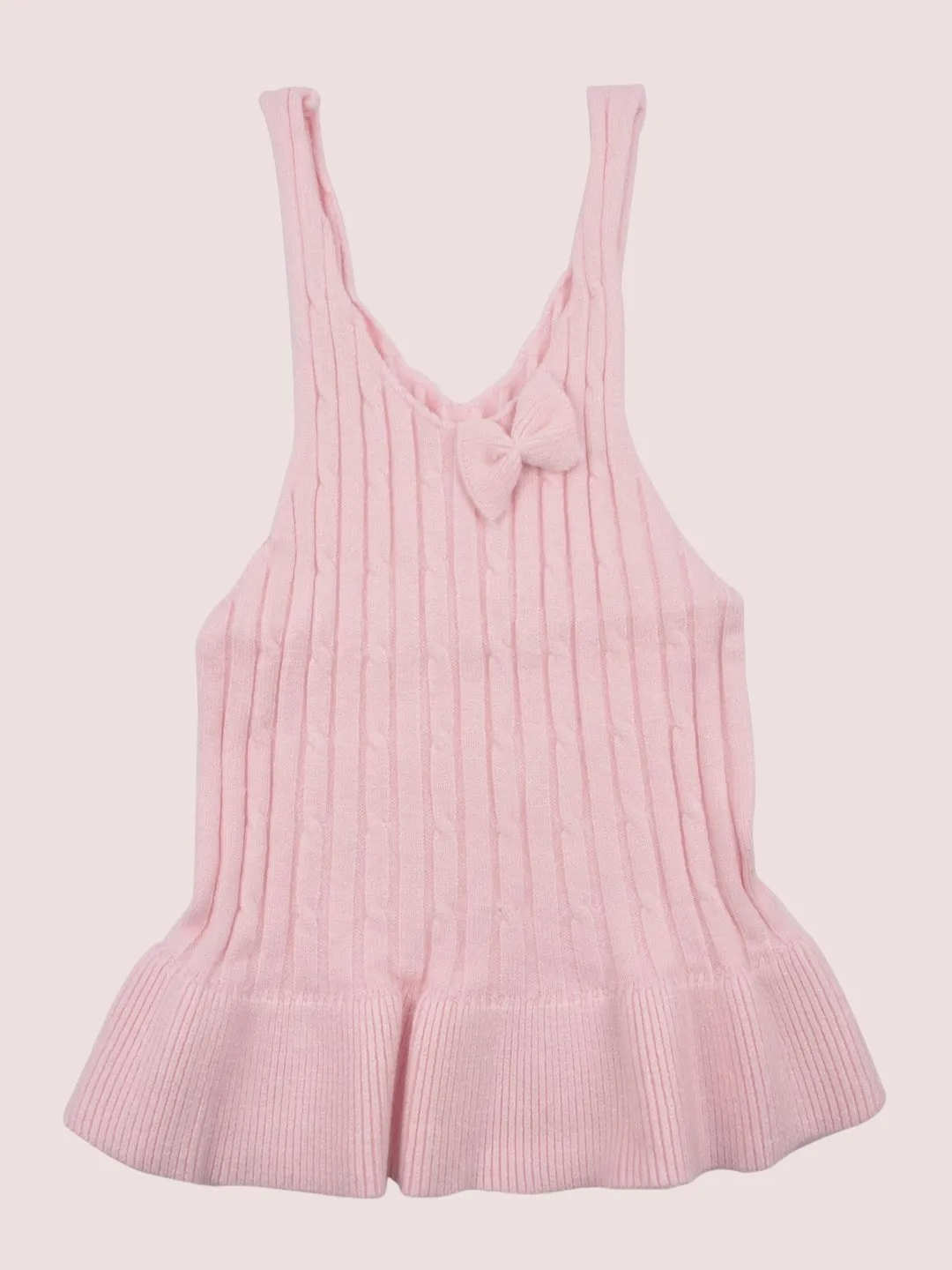 Pink Knitted Sleeveless Ruffled Top with Bow Detail for Girls