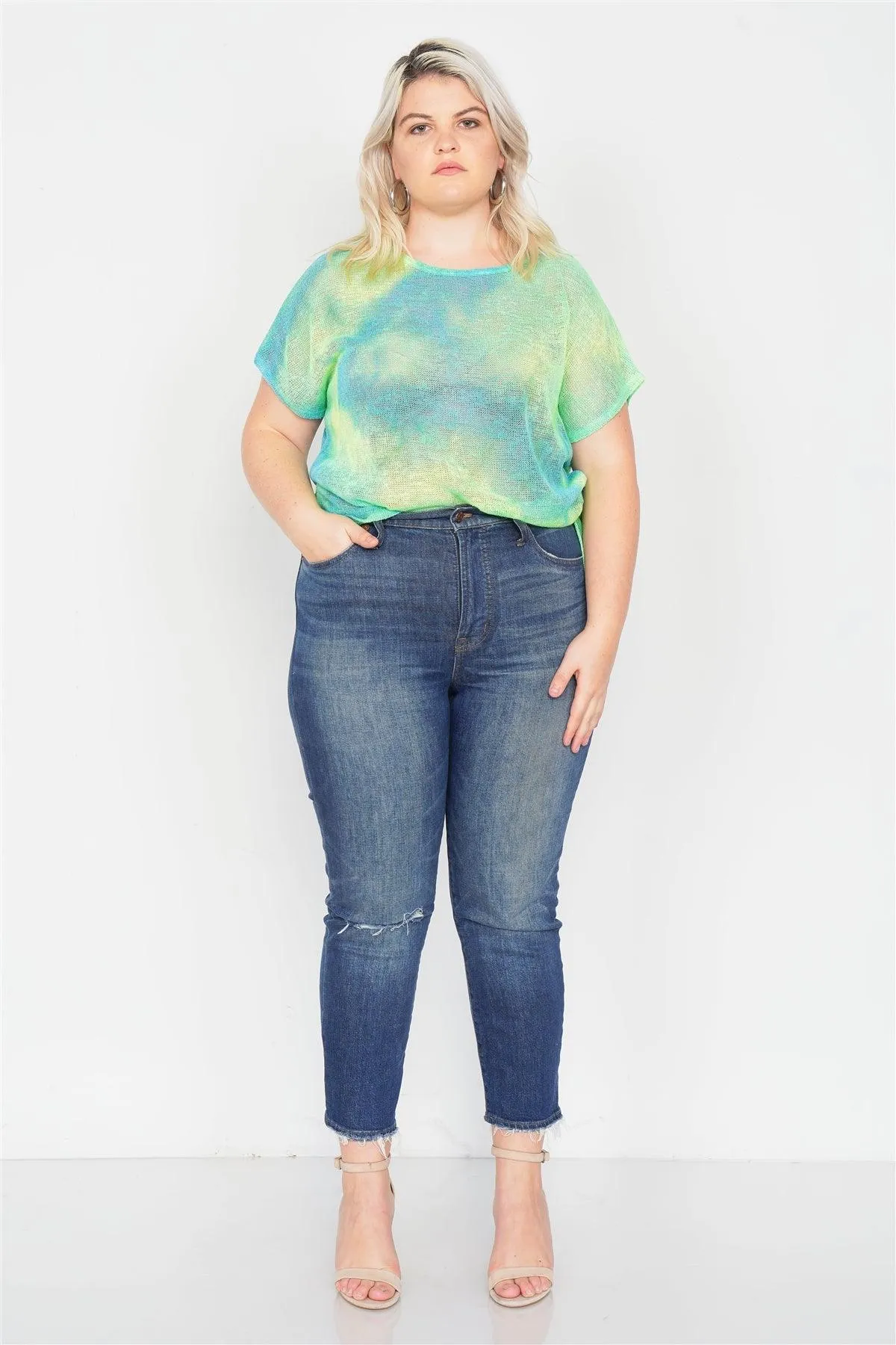 Plus Size Neon Green & Blue Tie Dye Sheer Knit Side Knot Sporty Top  /2-2-1-1