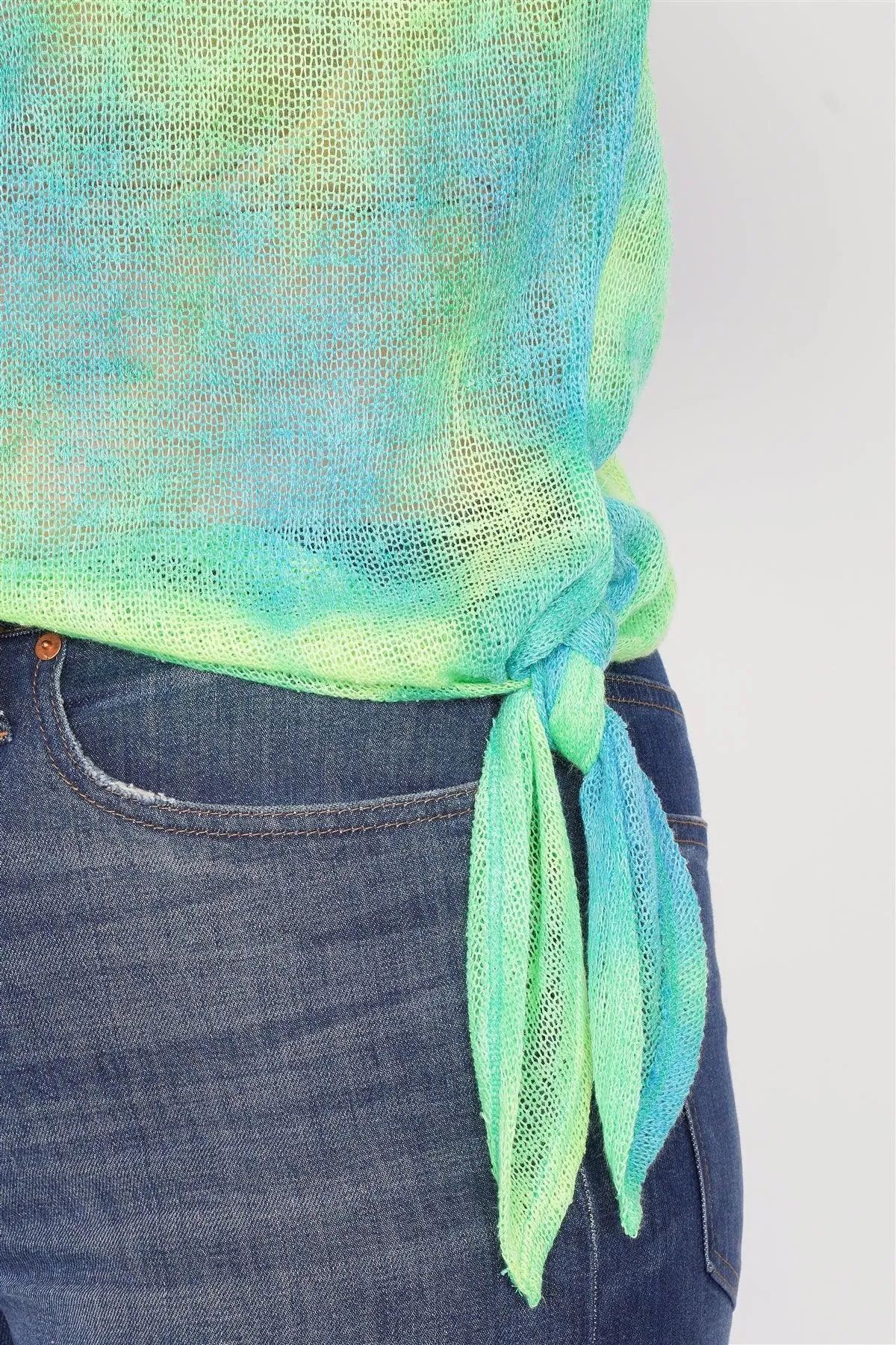 Plus Size Neon Green & Blue Tie Dye Sheer Knit Side Knot Sporty Top  /2-2-1-1