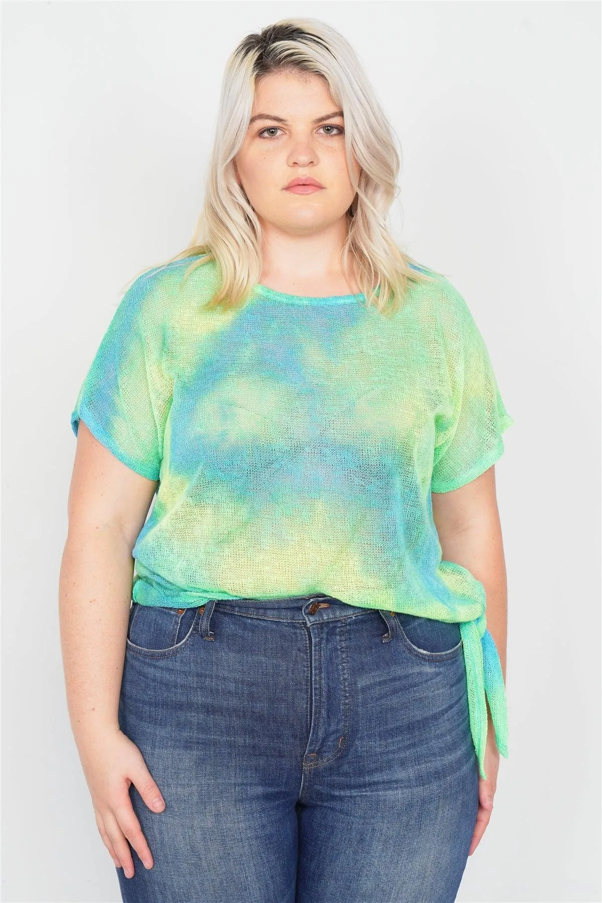 Plus Size Neon Green & Blue Tie Dye Sheer Knit Side Knot Sporty Top  /2-2-1-1
