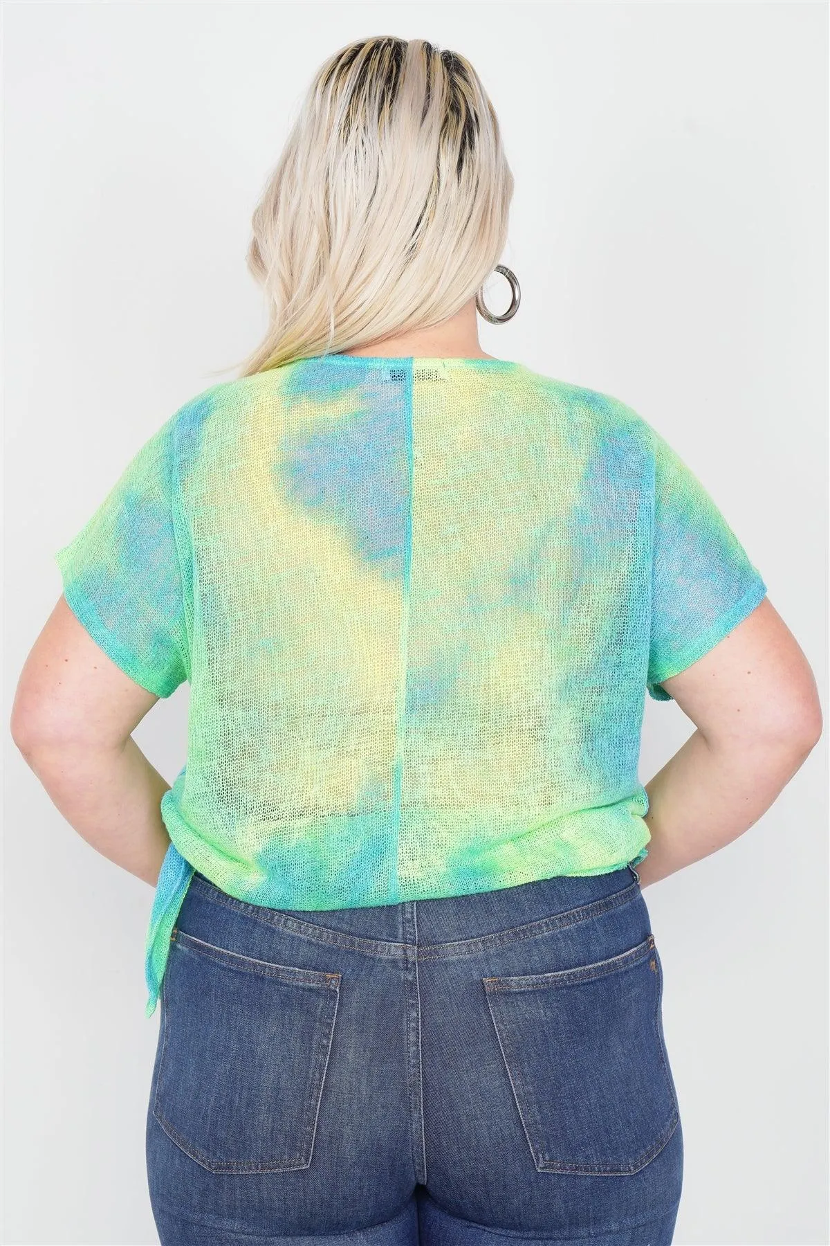 Plus Size Neon Green & Blue Tie Dye Sheer Knit Side Knot Sporty Top  /2-2-1-1