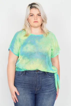 Plus Size Neon Green & Blue Tie Dye Sheer Knit Side Knot Sporty Top  /2-2-1-1
