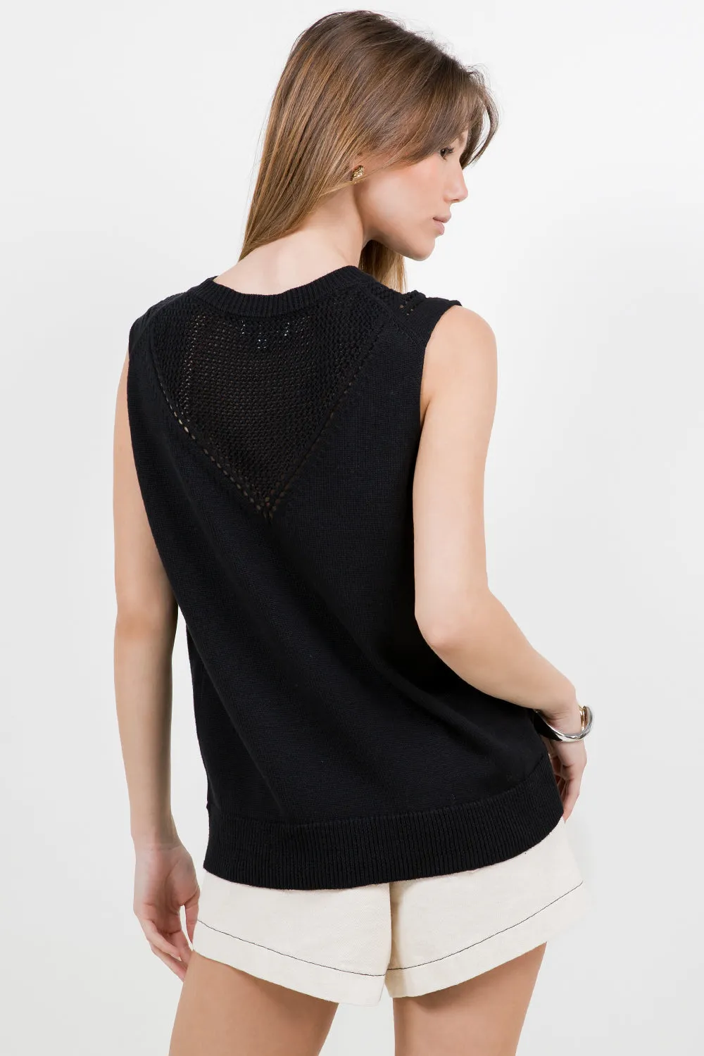 POINTELLE KNITTED SWEATER VEST - BLACK