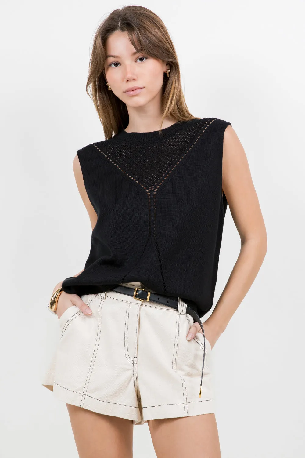 POINTELLE KNITTED SWEATER VEST - BLACK
