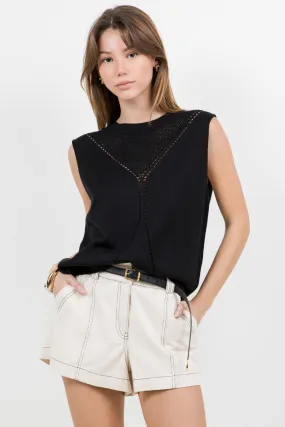 POINTELLE KNITTED SWEATER VEST - BLACK