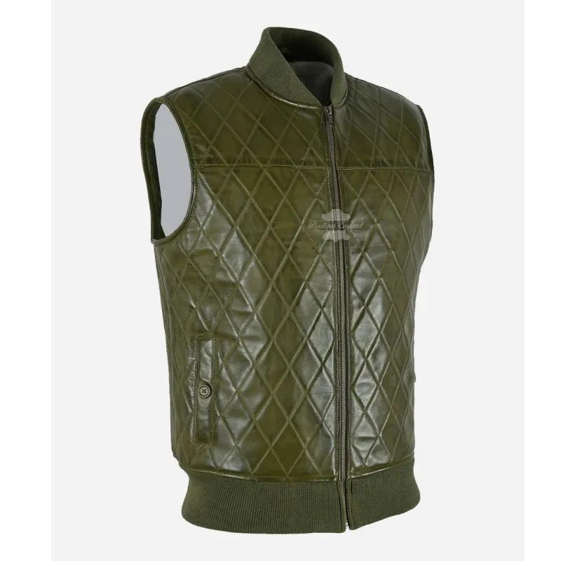 Quilted Sherpa Lined Leather Vest Olive Men's Sleeveless Leather Jacket