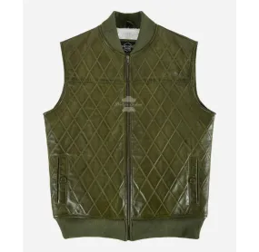 Quilted Sherpa Lined Leather Vest Olive Men's Sleeveless Leather Jacket