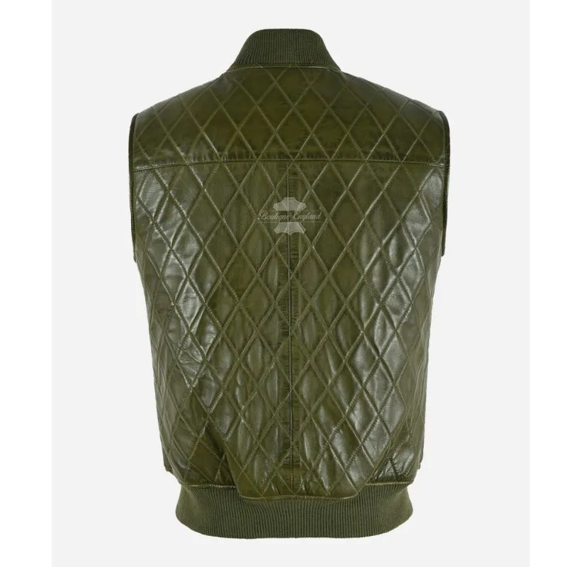 Quilted Sherpa Lined Leather Vest Olive Men's Sleeveless Leather Jacket