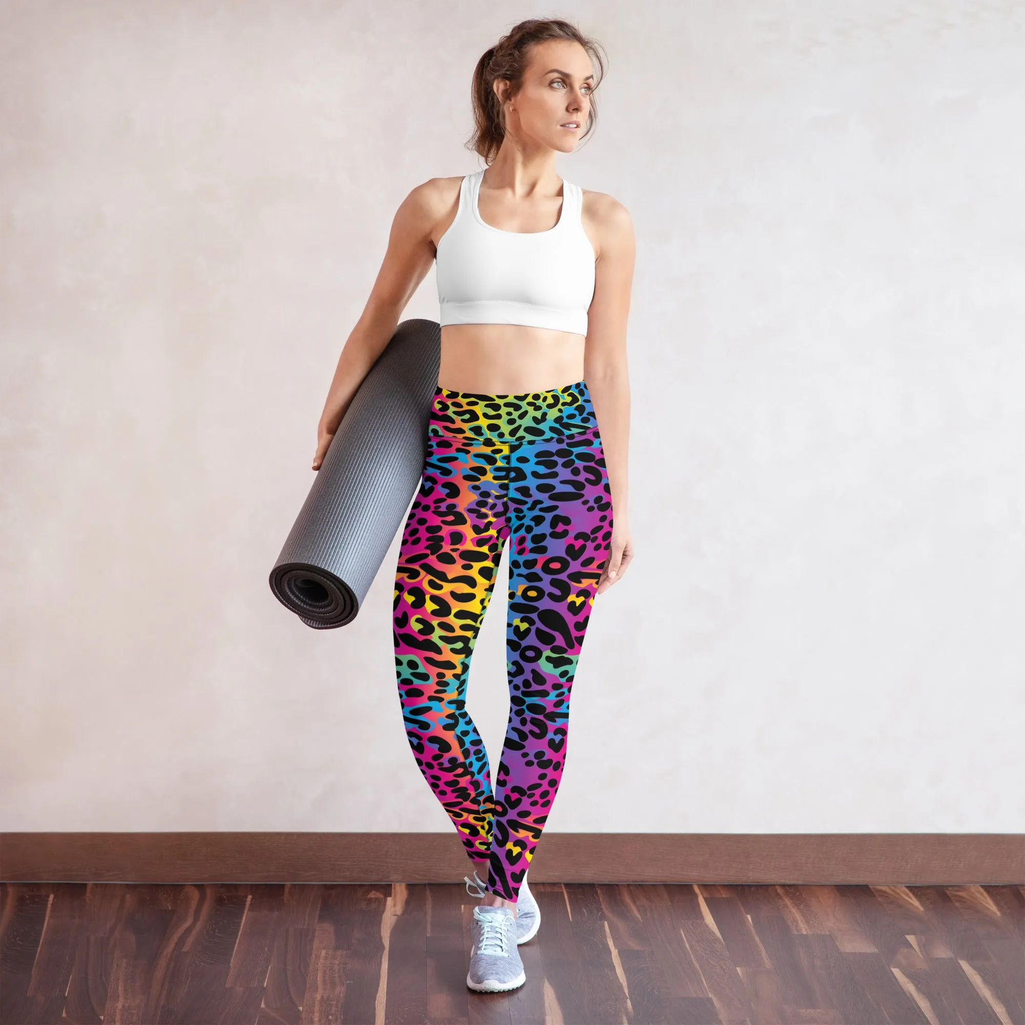 Rainbow Leopard Yoga Leggings Women, Colorful Gradient Animal Print High Waisted Pants Cute Workout Gym Designer Tights