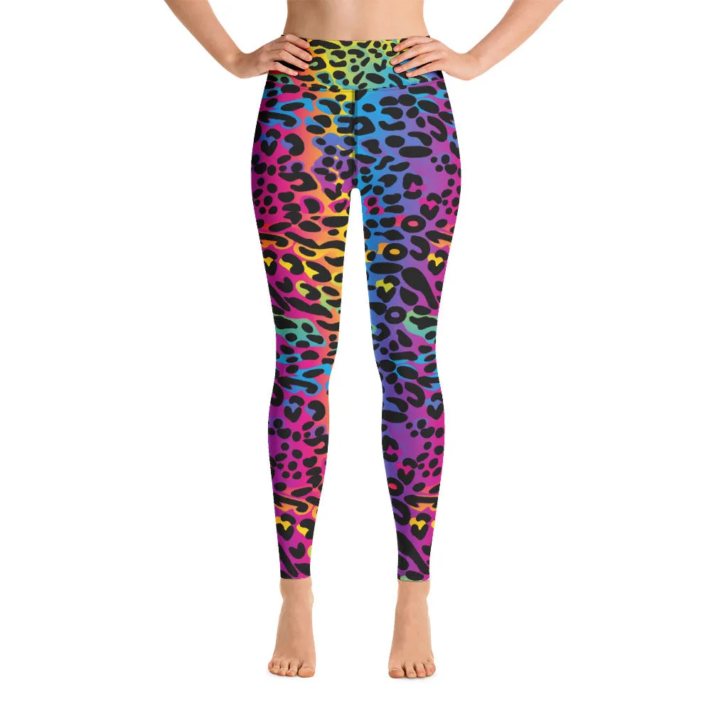 Rainbow Leopard Yoga Leggings Women, Colorful Gradient Animal Print High Waisted Pants Cute Workout Gym Designer Tights