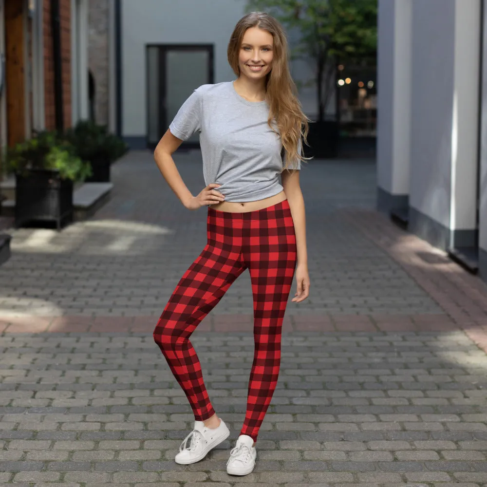 Red Buffalo Plaid Leggings for Women, Cute Printed Holiday Christmas Check Workout Lumberjack Mid Rise Yoga Pants