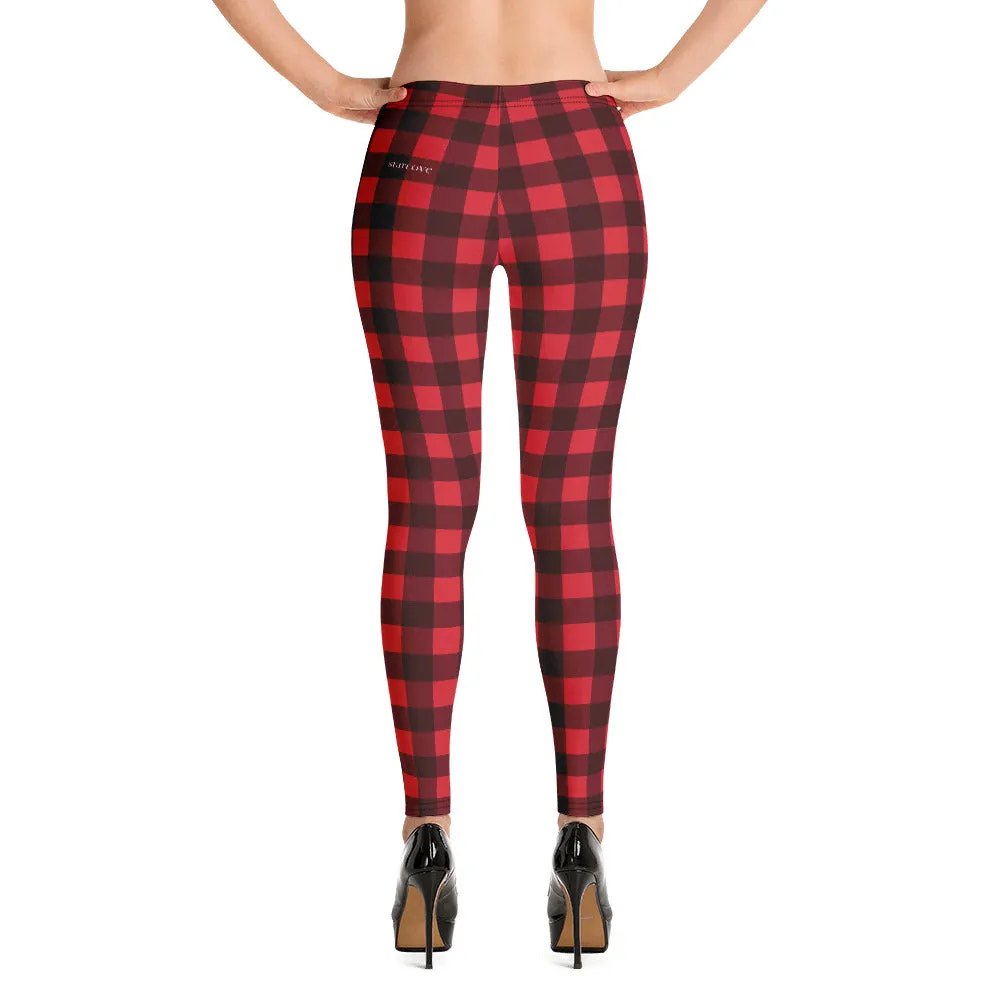 Red Buffalo Plaid Leggings for Women, Cute Printed Holiday Christmas Check Workout Lumberjack Mid Rise Yoga Pants