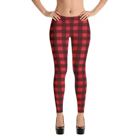 Red Buffalo Plaid Leggings for Women, Cute Printed Holiday Christmas Check Workout Lumberjack Mid Rise Yoga Pants