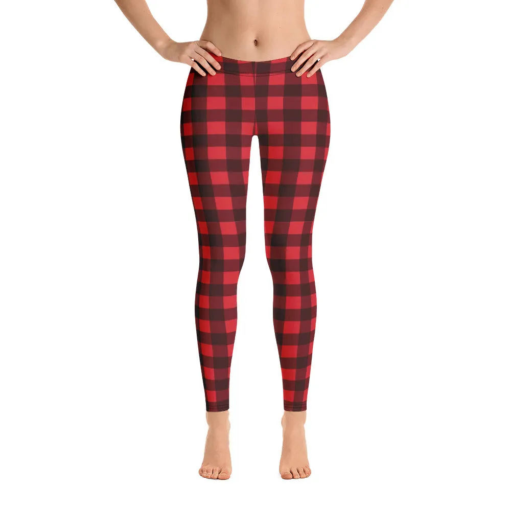Red Buffalo Plaid Leggings for Women, Cute Printed Holiday Christmas Check Workout Lumberjack Mid Rise Yoga Pants