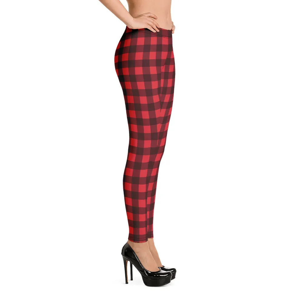 Red Buffalo Plaid Leggings for Women, Cute Printed Holiday Christmas Check Workout Lumberjack Mid Rise Yoga Pants