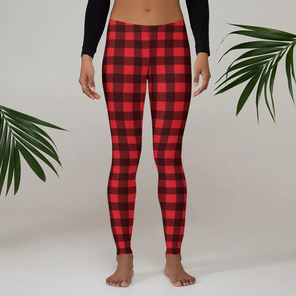 Red Buffalo Plaid Leggings for Women, Cute Printed Holiday Christmas Check Workout Lumberjack Mid Rise Yoga Pants