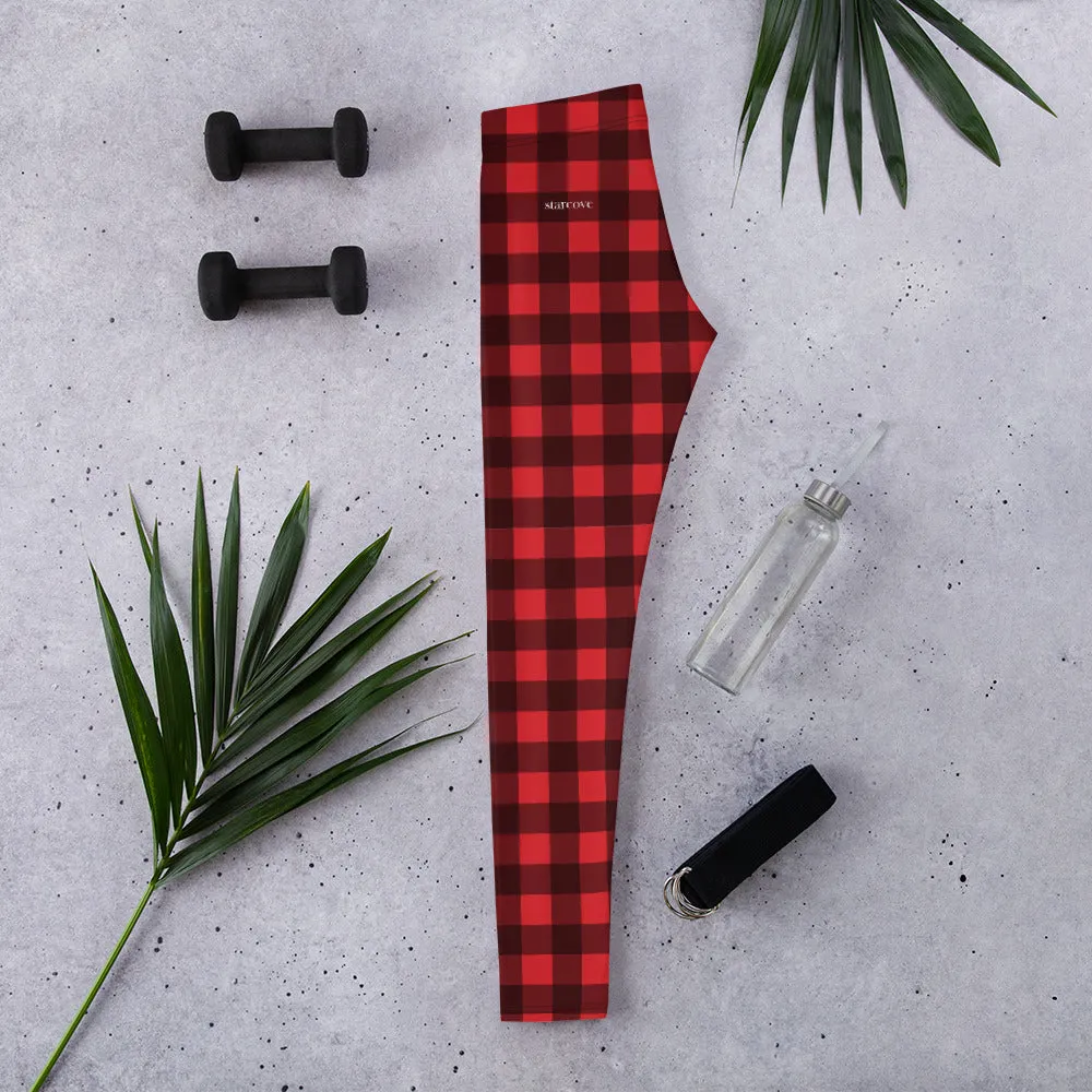Red Buffalo Plaid Leggings for Women, Cute Printed Holiday Christmas Check Workout Lumberjack Mid Rise Yoga Pants