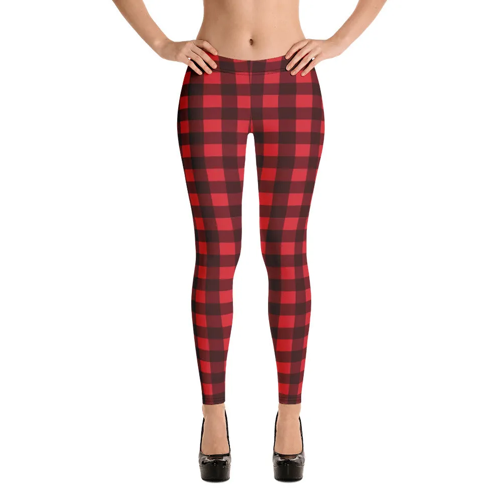 Red Buffalo Plaid Leggings for Women, Cute Printed Holiday Christmas Check Workout Lumberjack Mid Rise Yoga Pants