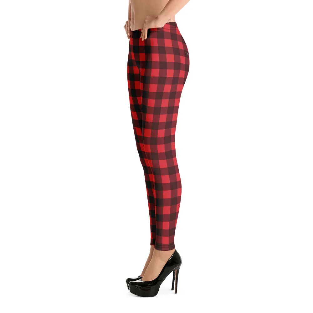 Red Buffalo Plaid Leggings for Women, Cute Printed Holiday Christmas Check Workout Lumberjack Mid Rise Yoga Pants