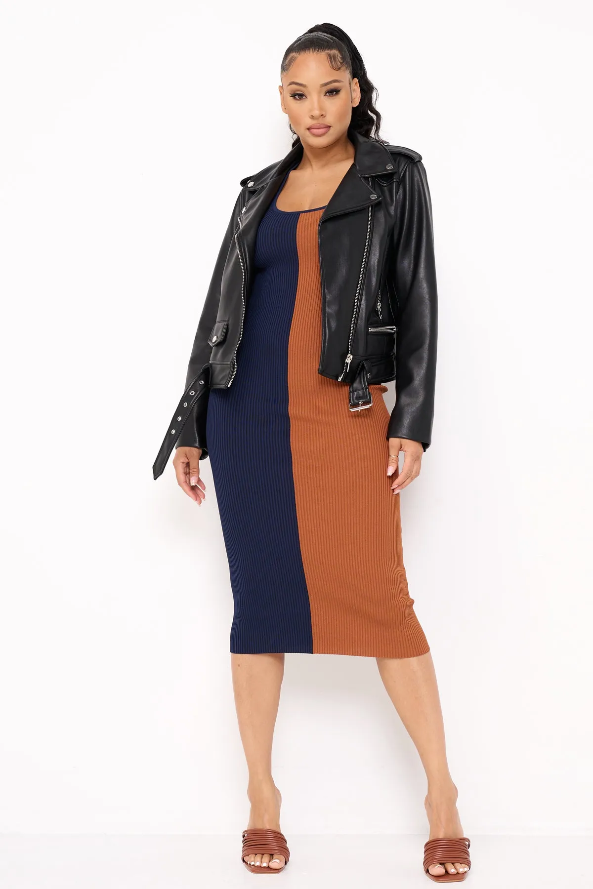 RIBBED SWEATER COLOR CONTRAST MIDI DRESS