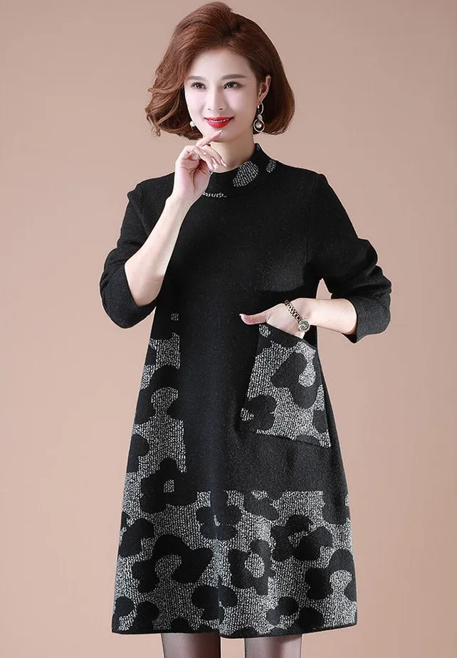 Round Collar Long Sleeve Knee Length A-line Floral Knit Dress with Pocket